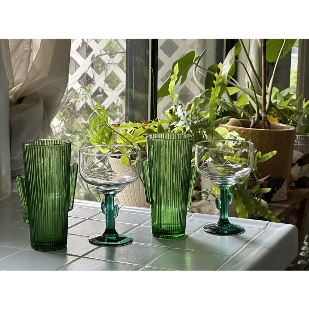 Vintage Libbey Cactus Cooler Glass 16 Oz & Margarita Glass ~Set Of 4~